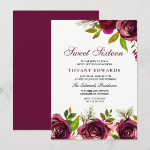 Bourgogne Marsala Floral Sweet 16 Invitation