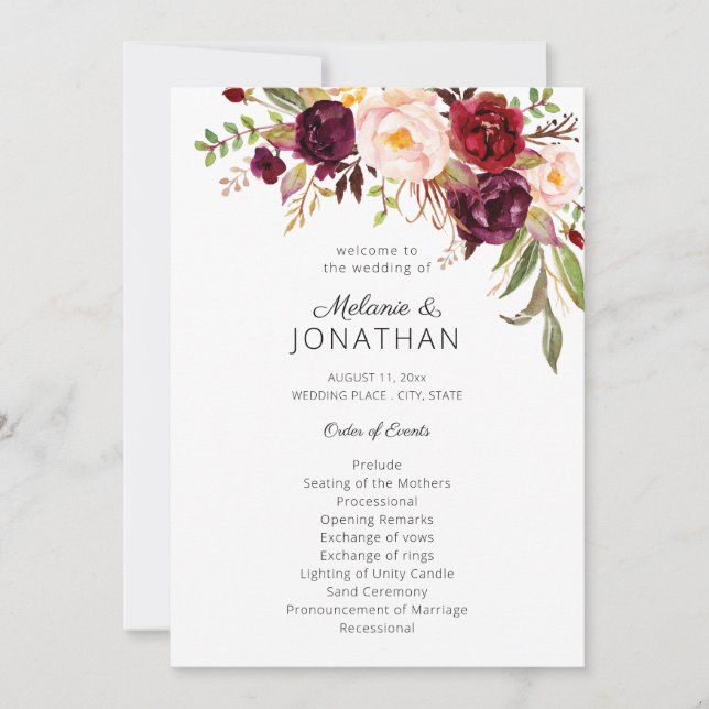 Bourgogne Marsala Floral Wedding Programme Blanc V (Devant)