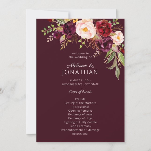 Bourgogne Marsala Programme de mariage floral V2 (Devant)