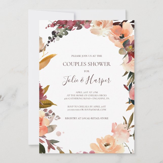 Bourgogne Orange Floral Couples Douche Invitation (Devant)