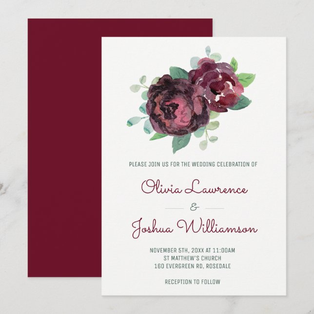 Bourgogne Rose Aquarelle Mariage Invitations (Devant / Derrière)