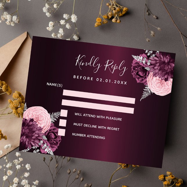 Bourgogne rose fleuri budget mariage carte RSVP (Créateur téléchargé)