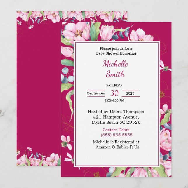 Bourgogne rose Floral Baby Shower Invitations (Devant / Derrière)