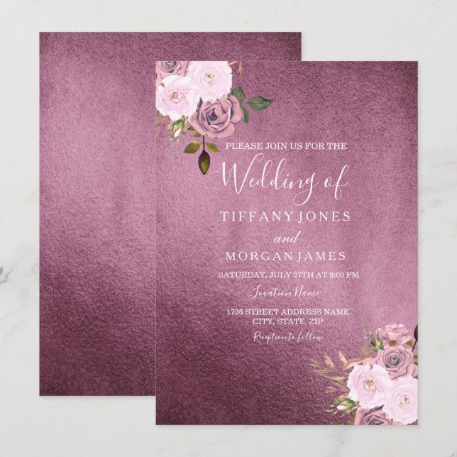 Bourgogne & Rose Gold Floral Wedding Invitation (Devant / Derrière)