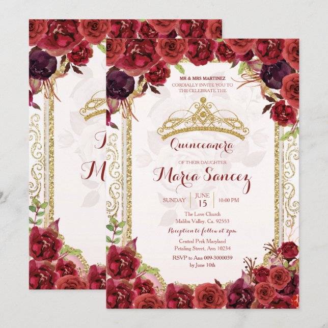 Bourgogne Rose Mexicaine Charra 15 Anos Invitation (Devant / Derrière)