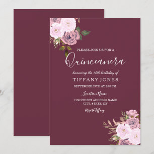 Bourgogne rose & Rose Gold Quinceanera Invitation