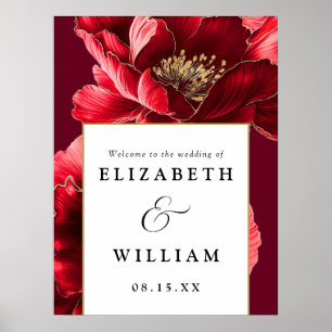 Bourgogne Rouge et or Floral Mariage Affiche de bi