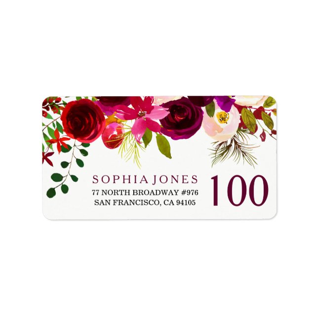 Bourgogne Rouge Floral 100e anniversaire Étiquette (Devant)