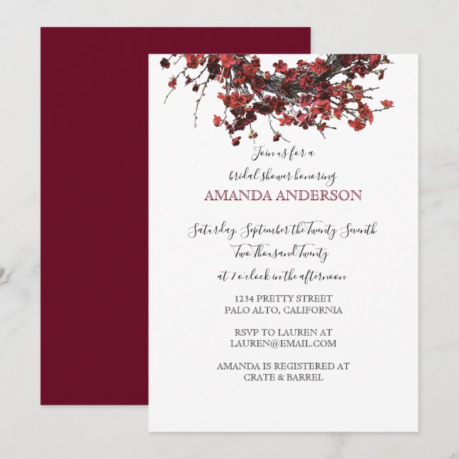 Bourgogne Rouge Floral Invitation de la douche nup (Devant / Derrière)