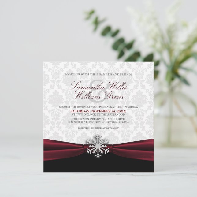 Bourgogne Ruban Hiver Mariage Invitation (Debout devant)