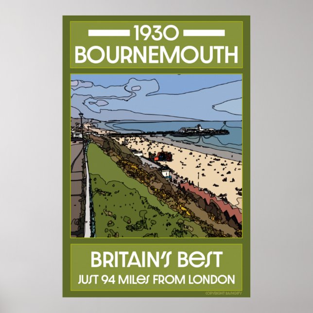 Bournemouth Vintage Retro Seaside Art Poster (Front)
