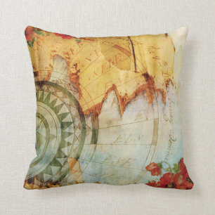 Boussole de carte et coussin anciens de pavots