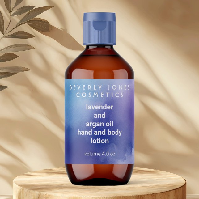 Bouteille de cosmétique bleu et violet étiquette (Créateur téléchargé)