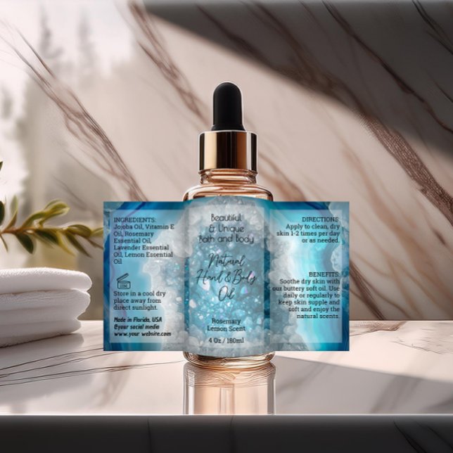 Bouteille de cristal bleu Étiquette 4 oz Produit d (blue crystal custom product label for 4 ounce bottle)