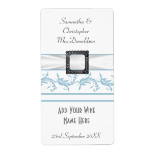 Bouteille de vin mariage bleu pastel clair et blan
