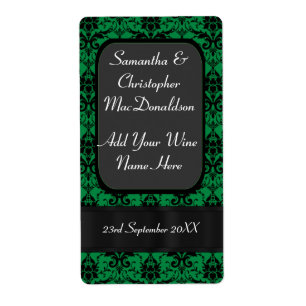 Bouteille de vin mariage damassé verte et noire