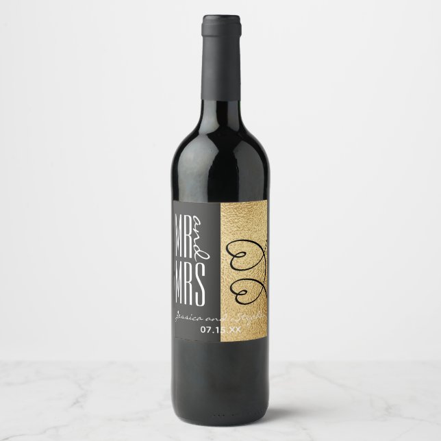 Bouteille de vin mariage Étiquette Or et coeurs él (Devant)