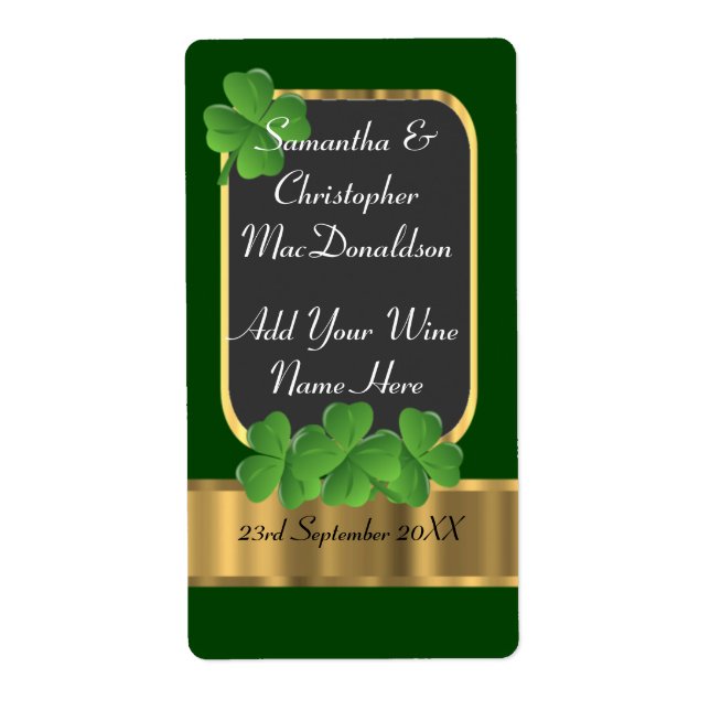 Bouteille de vin mariage irlandaise verte et or (Devant)