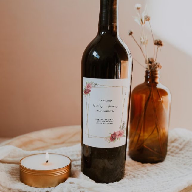 bouteille de vin Mariage rose Modèle étiquette (Rose Wedding wine bottle label Template)