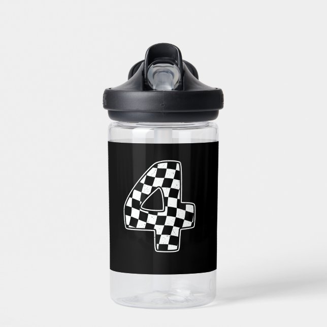 Bouteille D'eau 4e anniversaire À damiers numéro 4 Voiture Racing  (Avant)