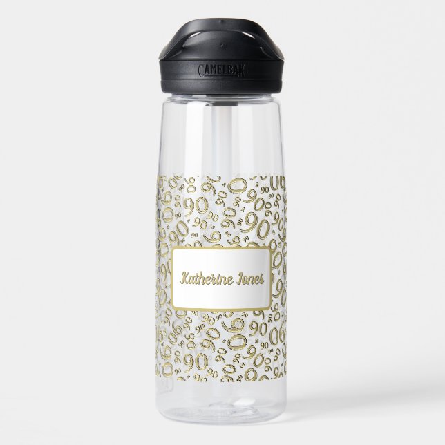 Bouteille D'eau 90e anniversaire Gold & White Random Number Motif (Arrière)