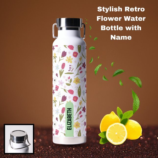 Bouteille d'eau à fleur rétro stylé avec nom (Stylish Retro Flower Water Bottle with Name)