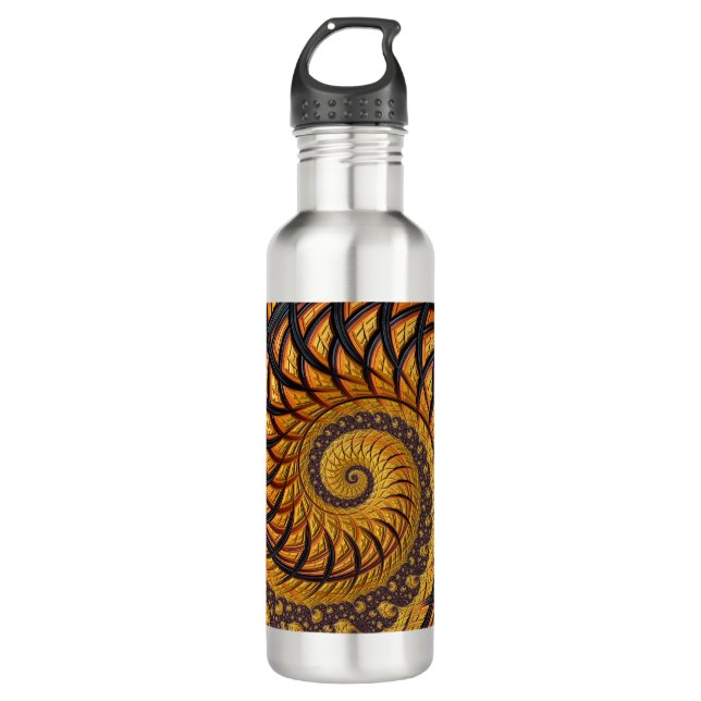Bouteille D'eau Abstraite spirale noire et or Fractale (Devant)
