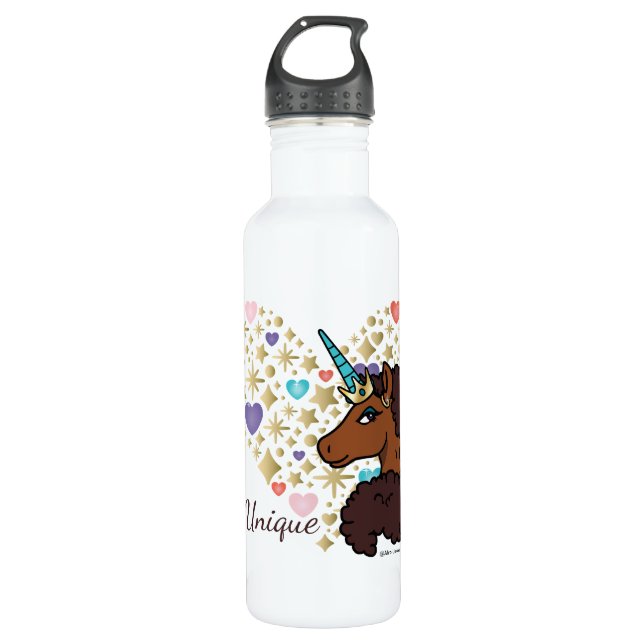Bouteille D'eau Afro Unicorn | Design cardiaque unique (Devant)