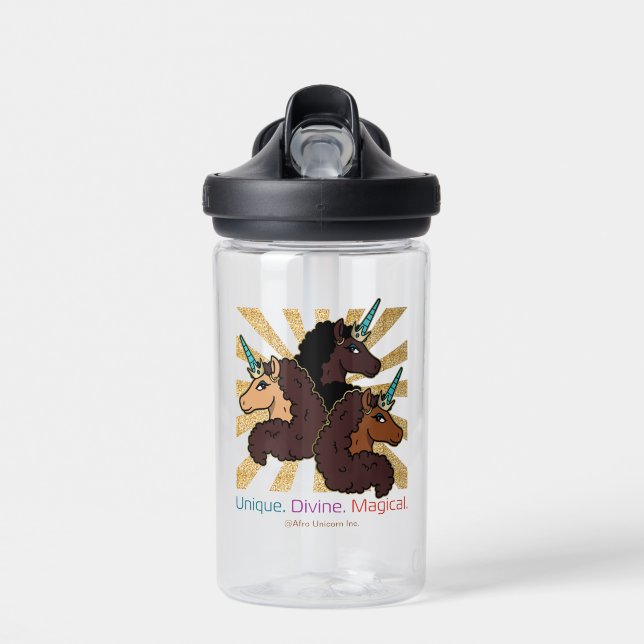 Bouteille D'eau Afro Unicorn Trio : Unique, Divine et Magique (Avant)