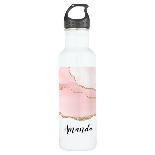Bouteille D'eau Agate rose vierge avec ruban or Élégant (Devant)