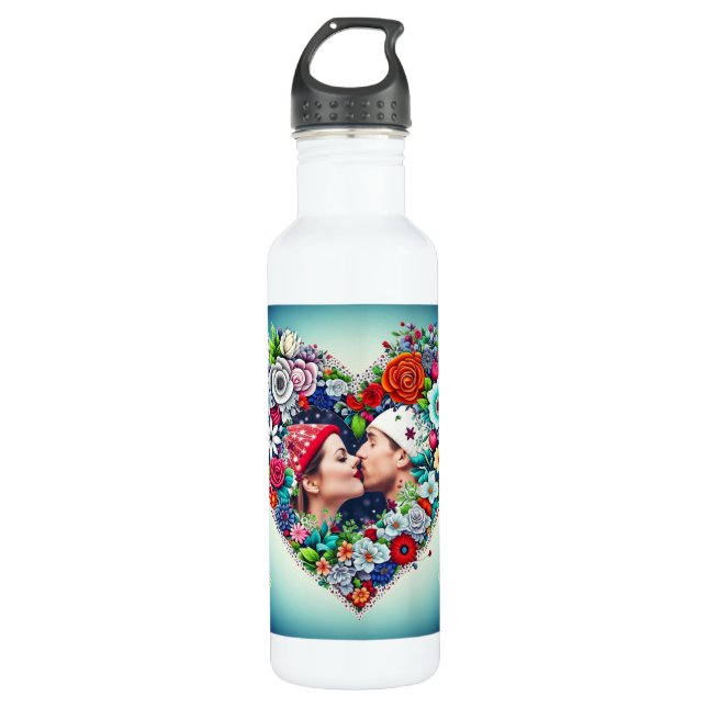 Bouteille D'eau Ajouter votre image | Cadre cardiaque floral (Devant)