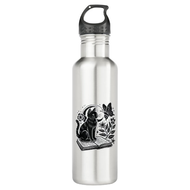 Bouteille D'eau Amateurs de livre Chat Bookwords Halloween Blac (Devant)