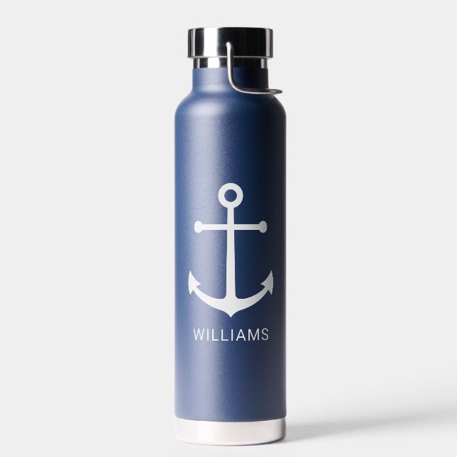 Bouteille D'eau Ancre bleue marine et nom personnalisé (Gauche)