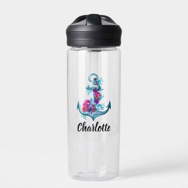 Bouteille D'eau Ancre d'aquarelle florale marine personnalisée (Extérieur)