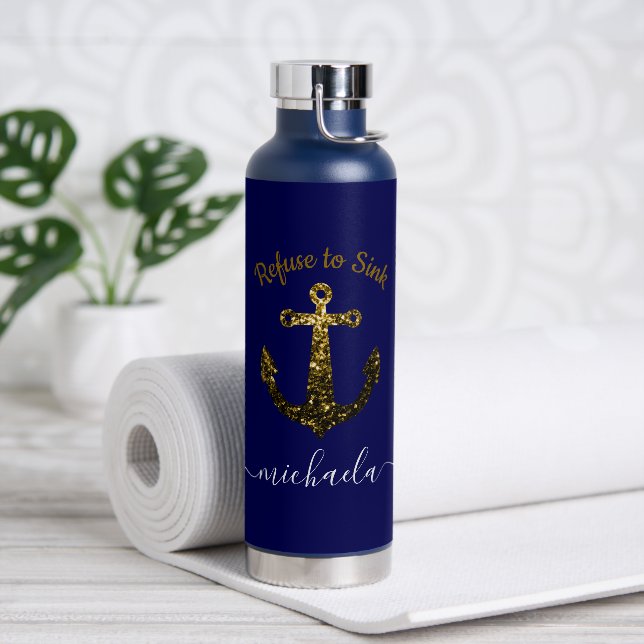 Bouteille D'eau Ancre Gold scintille marine bleu Nom personnalisé  (Yoga)