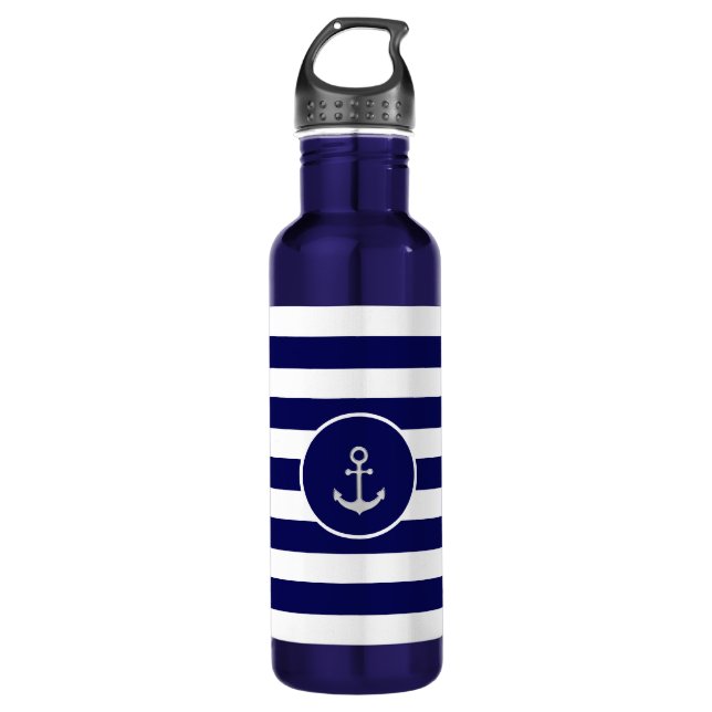 Bouteille D'eau Ancre personnalisée sur la marine Bleu & Blanc ray (Devant)