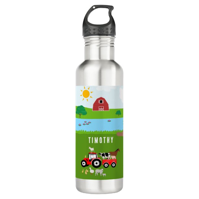 Bouteille D'eau Animaux de ferme et tracteur rouge Barnyard Nom pe (Devant)