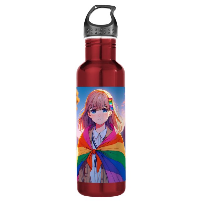 Bouteille D'eau Anime Girl avec LGBTQIA+ Cape (Devant)