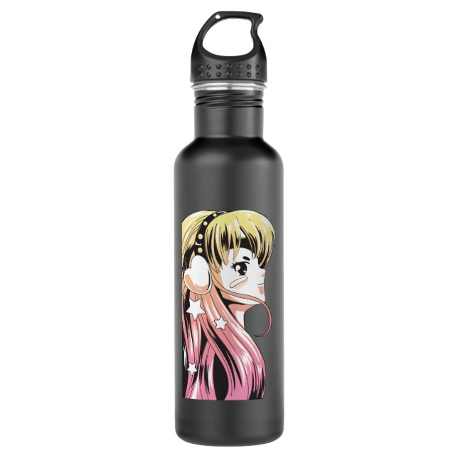 Bouteille D'eau Anime Manga Girl Gradient Cheveux Jaune rose (Devant)