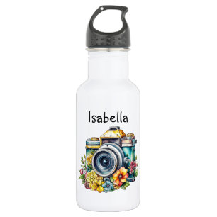 Bouteille D'eau Appareil photo ancien avec fleurs jolies aquarelle