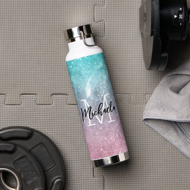 Bouteille D'eau Aqua blue Pink ombre mer galaxie abstraite Monogra (Couvercle)
