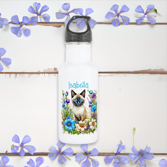 Bouteille D'eau Aquarelle Ai personnalisée Chat siamois en Fleurs (Créateur téléchargé)