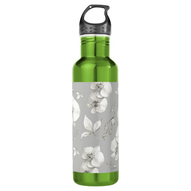 Bouteille D'eau Aquarelle blanc orchidée sur gris | (Devant)