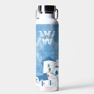Bouteille D'eau Aquarelle bleue et blanche Santorin Grèce Monogram