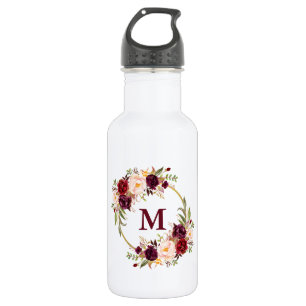 Bouteille D'eau Aquarelle Bourgogne Floral Or Monogramme