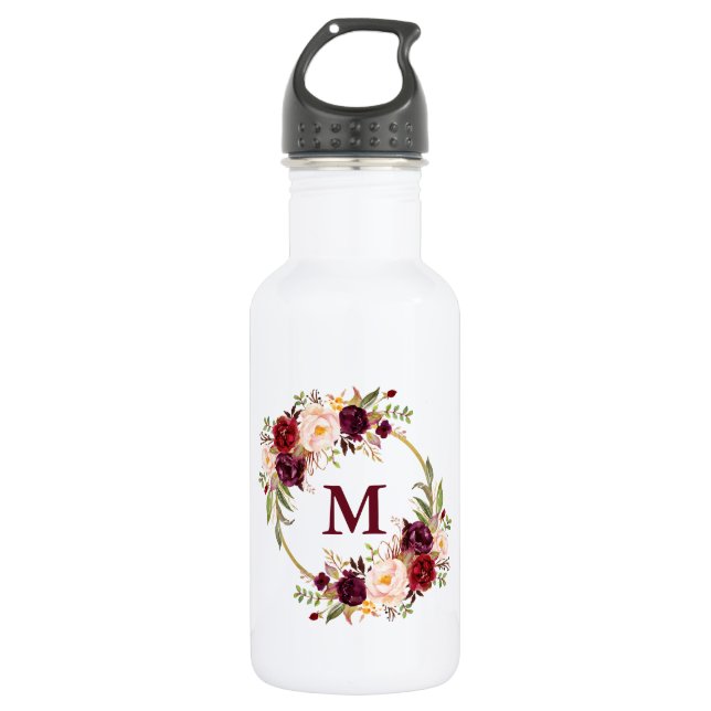 Bouteille D'eau Aquarelle Bourgogne Floral Or Monogramme (Devant)