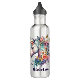 Bouteille D'eau Aquarelle couleur violet magique florale Unicorne