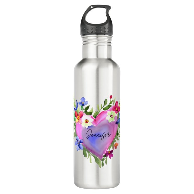 Bouteille D'eau Aquarelle de couronne florale personnalisée (Devant)