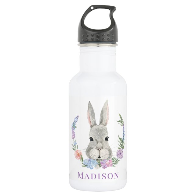 Bouteille D'eau Aquarelle de lapin de Pâques Floral Personnalisé (Devant)