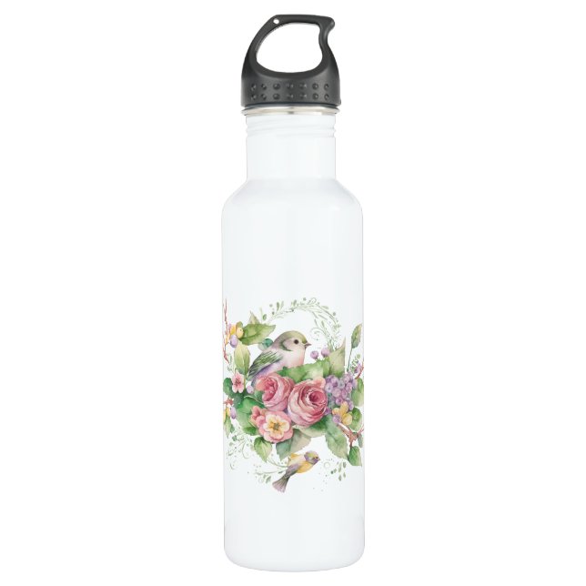Bouteille D'eau Aquarelle d'oiseaux et de fleurs (Devant)
